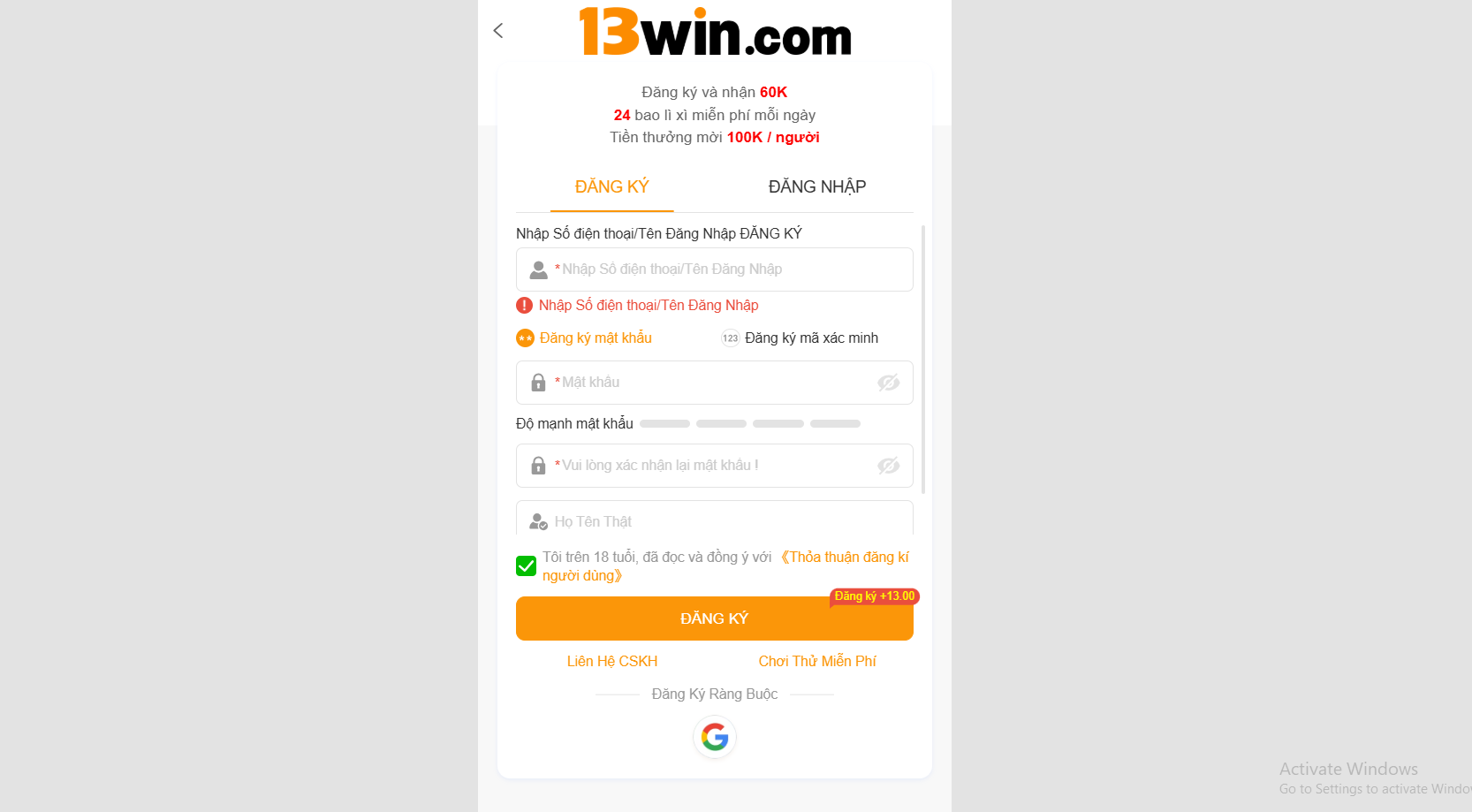 Hướng dẫn đăng ký 13WIN