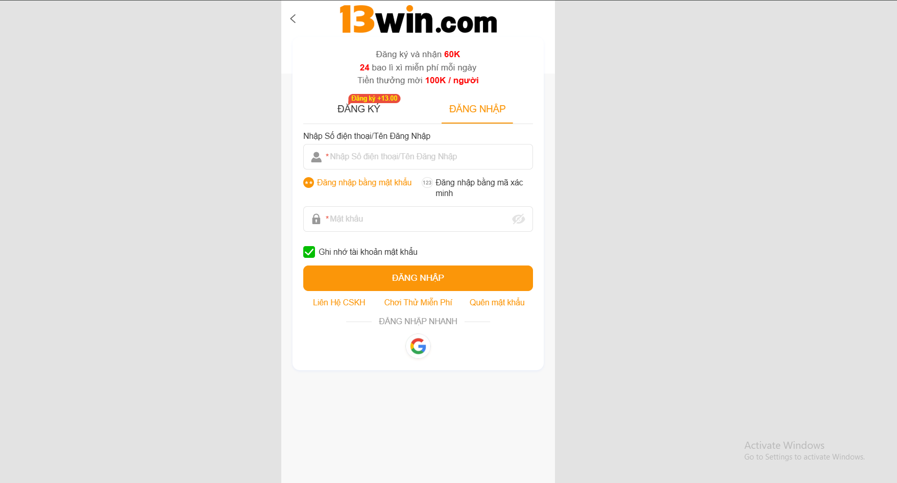 Hướng dẫn đăng nhập 13WIN